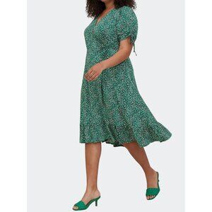 Torrid Green Printed Short Sleeve A-line Polka Dot Stretch Wrap Midi Dress 1X